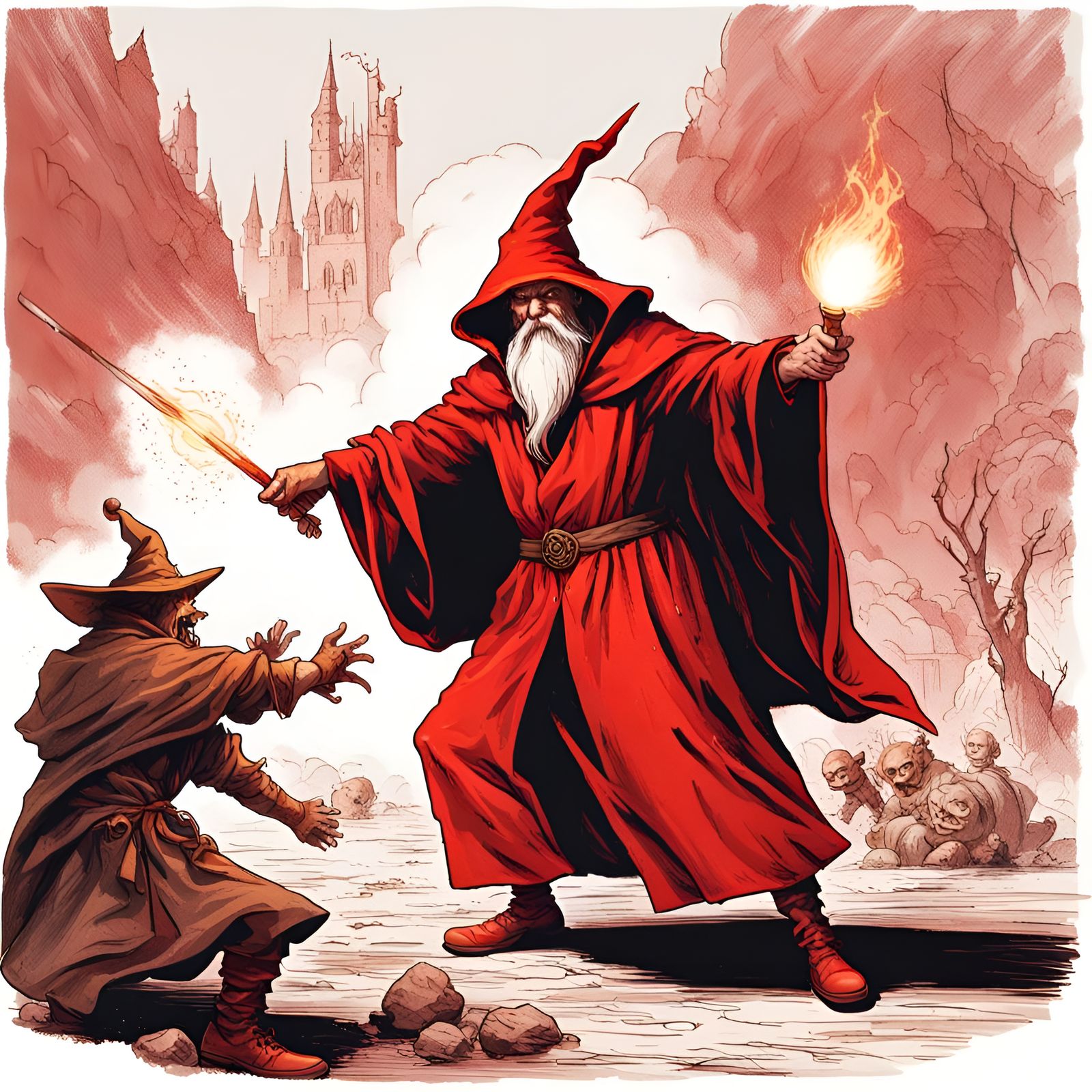 Wizard Battle: Red Robe and Fireball in Fantasy Style