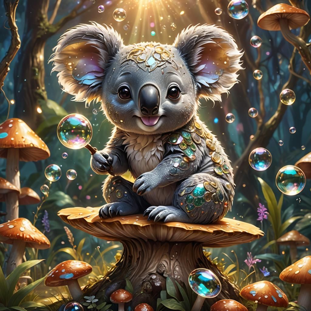 Cartoon Koala Girl Playing with Bubble, Digital Painting