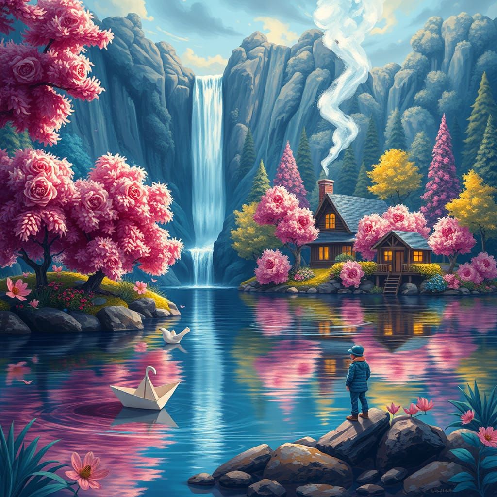 Whimsical Waterfall Scene in Vibrant Palette