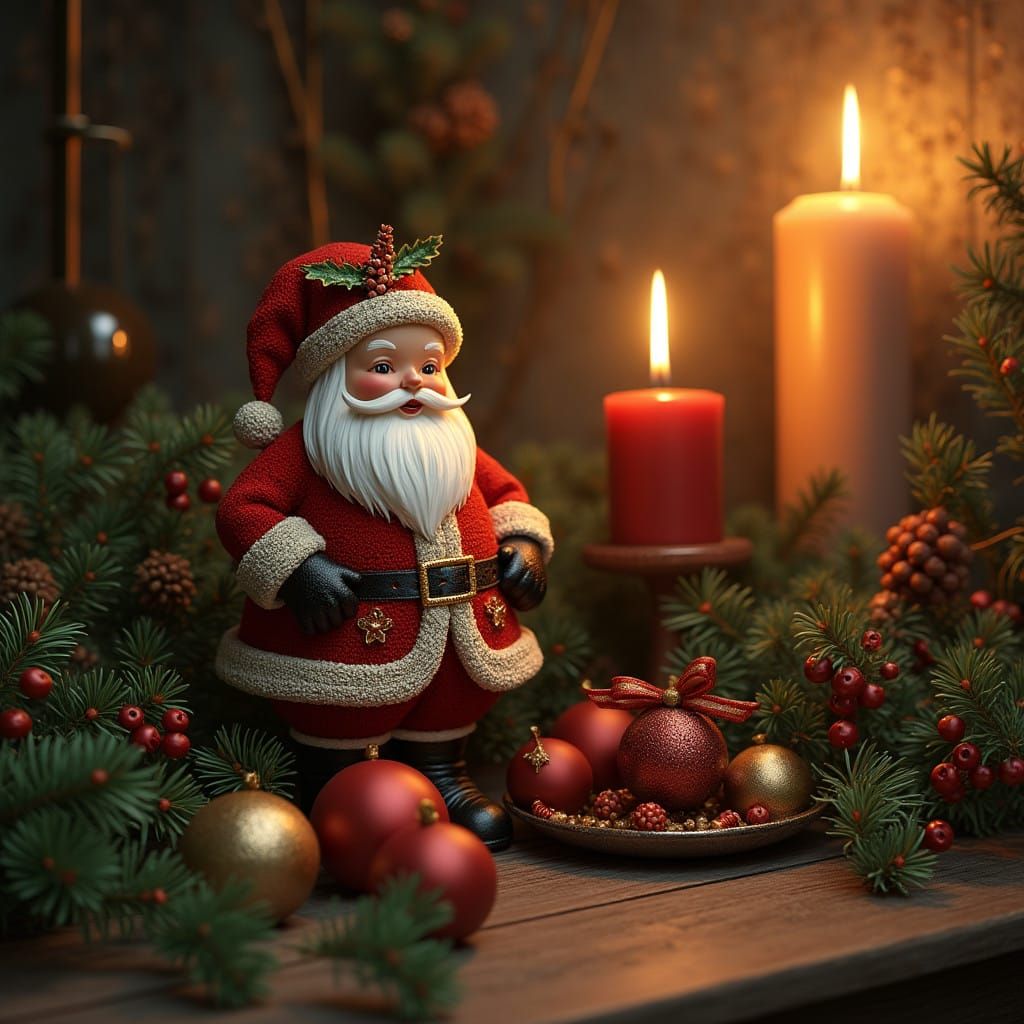 Vintage Christmas Still Life with Santa Figurine and Candle....