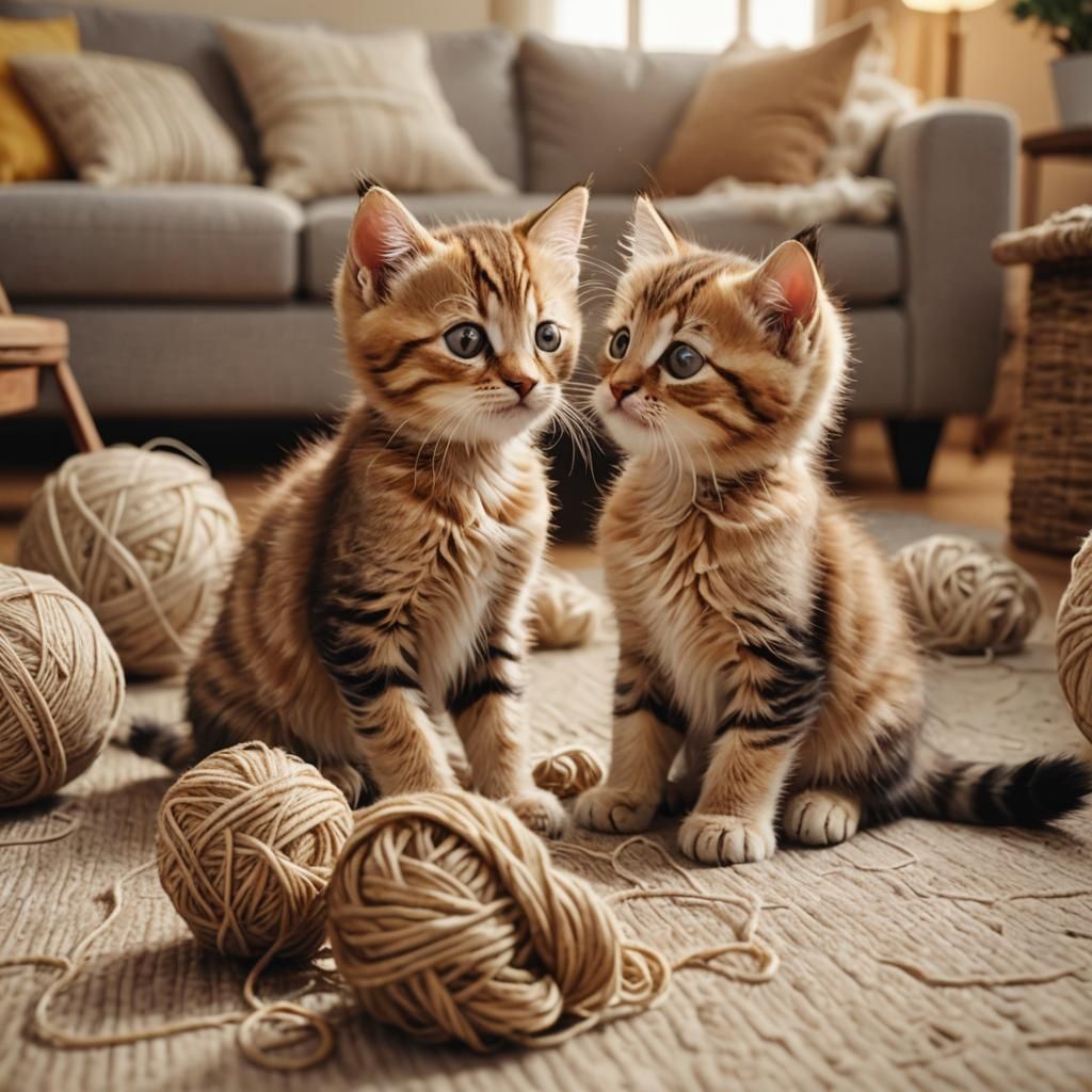 Kittens Playing with Yarn: Realistic Digital Art
