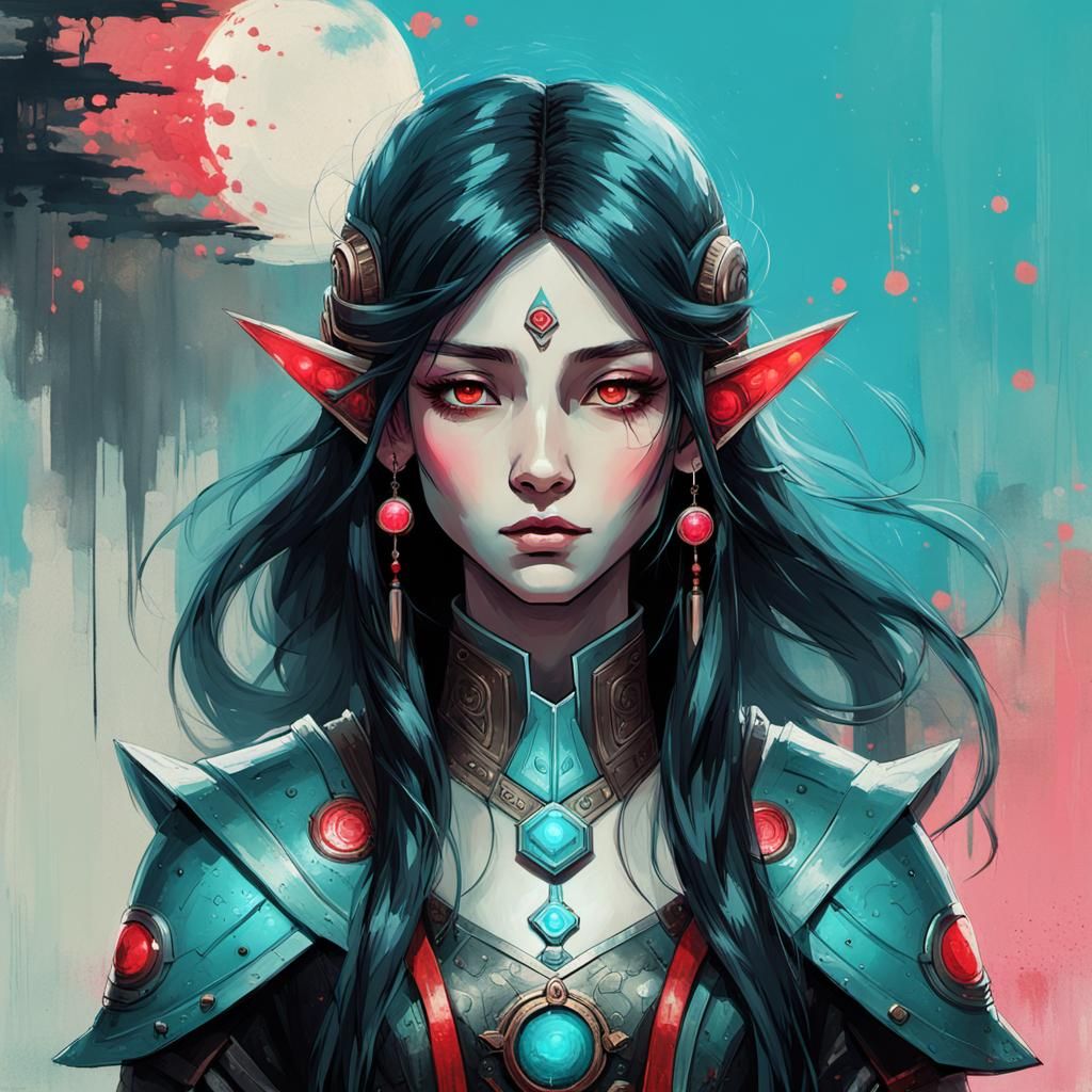 Cyan Red Elf Mercenary in Cyberpunk Art Nouveau Style