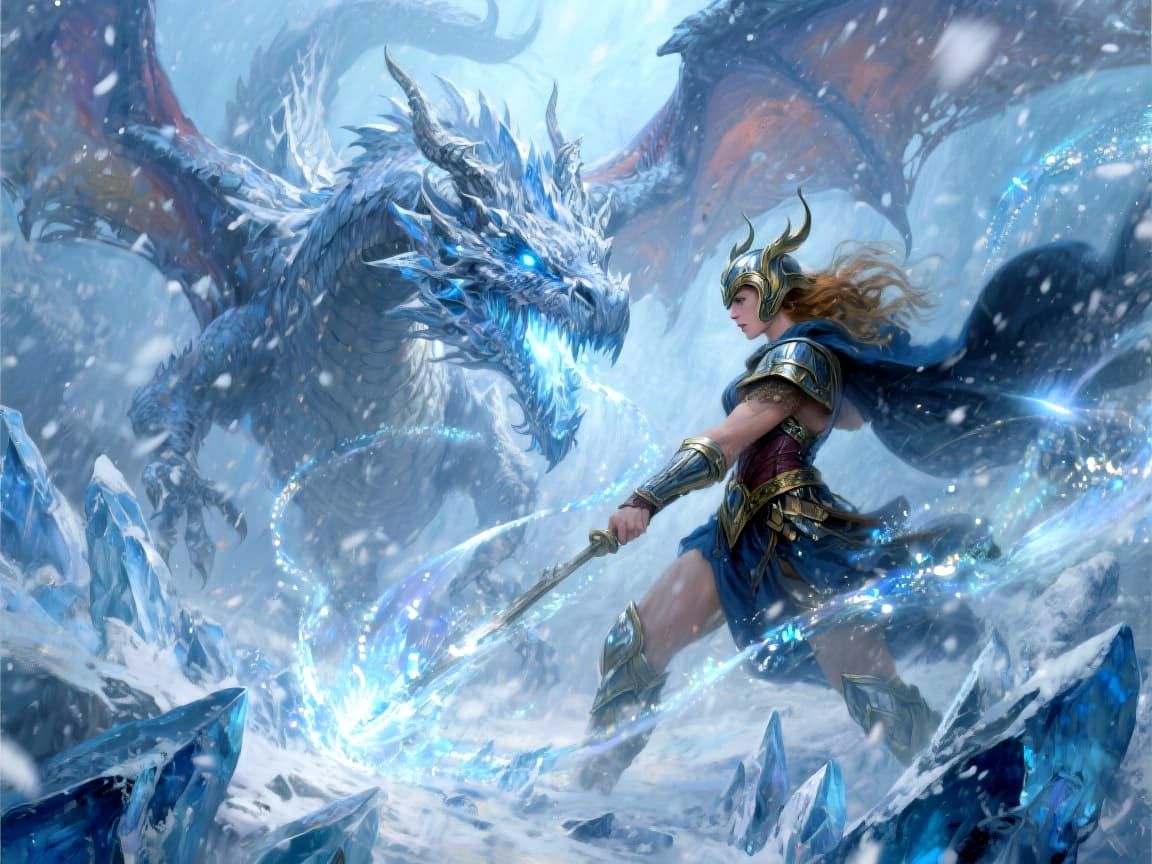 Valkyrie Battles Ice Dragon in Ethereal Acrylic Painting