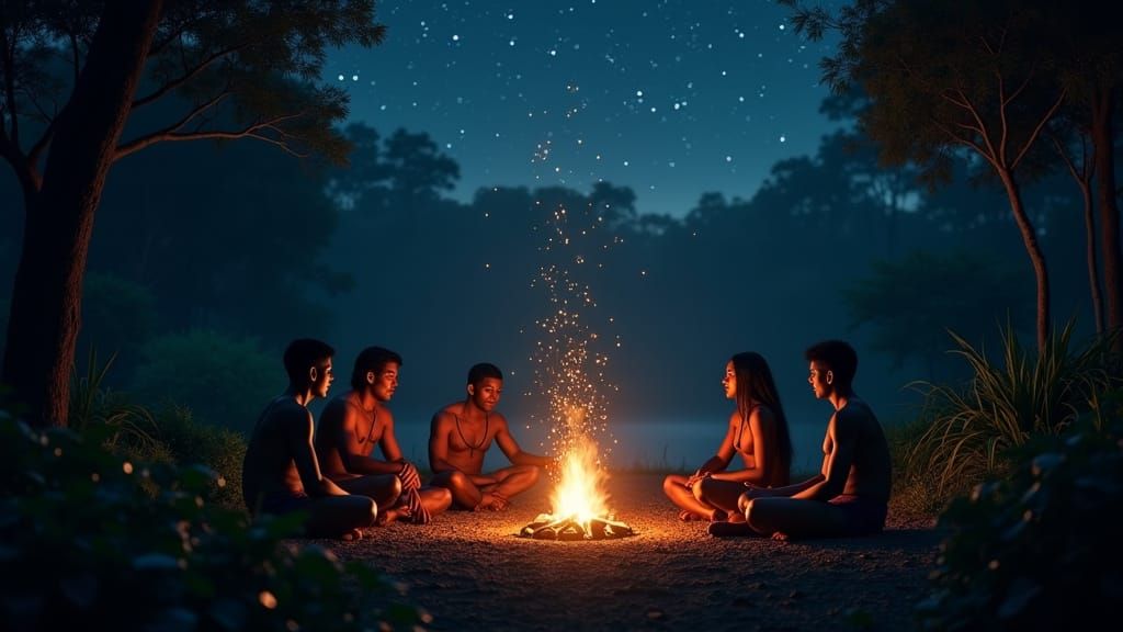 Tribal Group Around Fire in Jungle Night