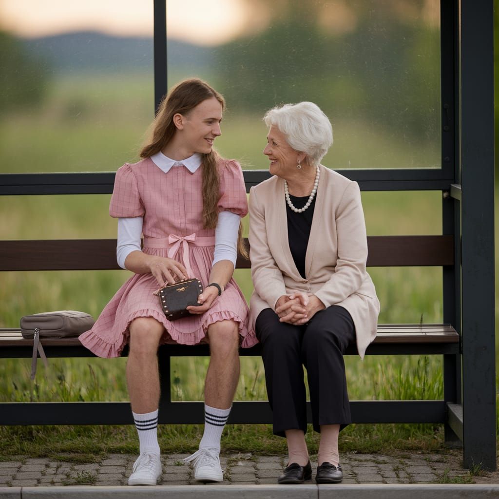 Young Man Crossdressing at Country Bus Stop