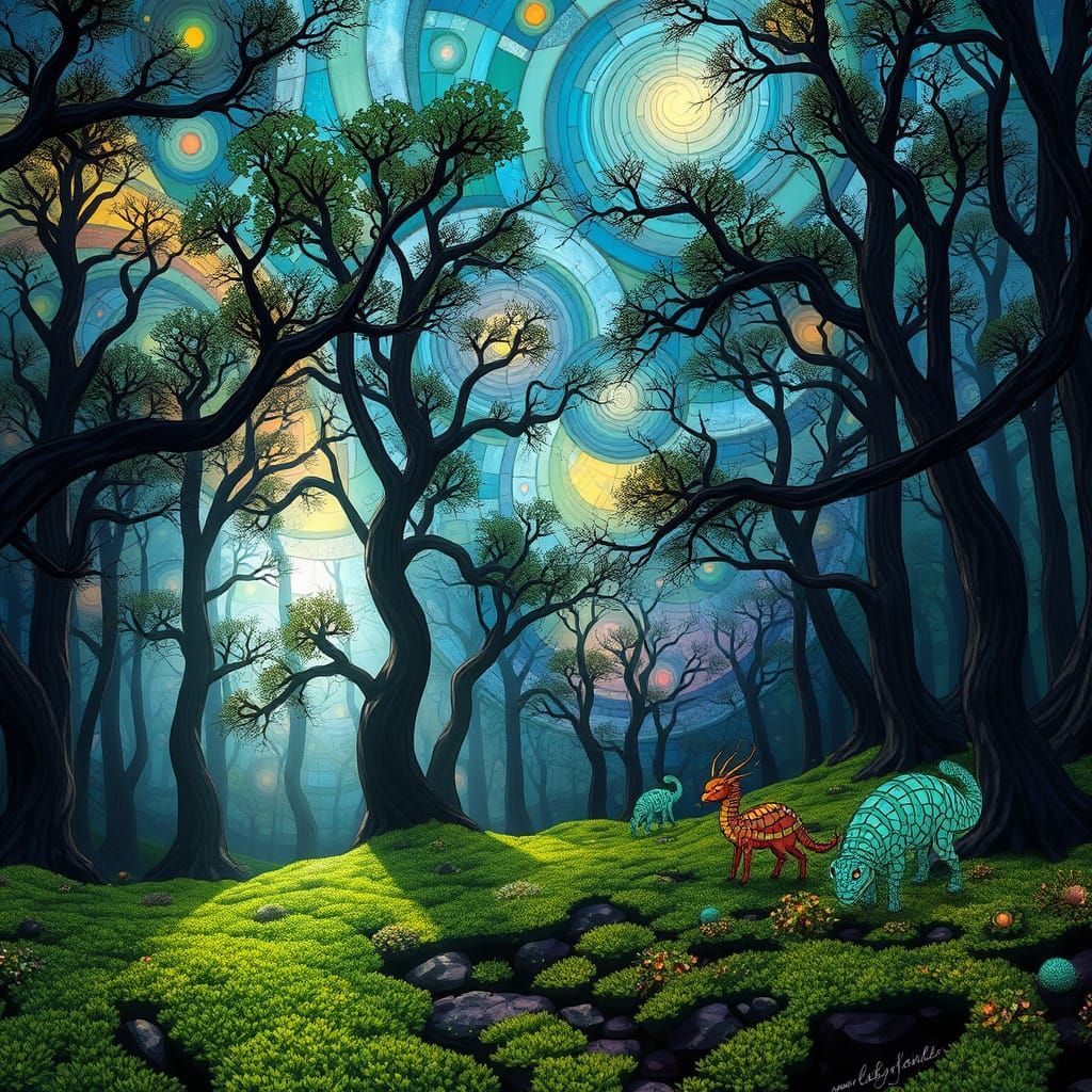 Stained Glass Forest Glade with Nebulae Sky