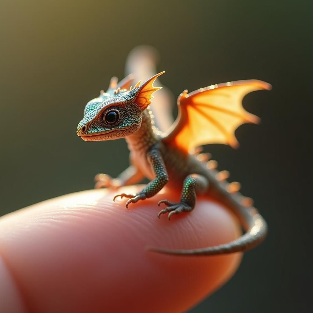 Macro Portrait of a Tiny Dragon on Thumb