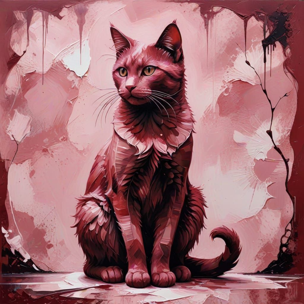 Surreal Abstract Cat Painting in Red and Pink