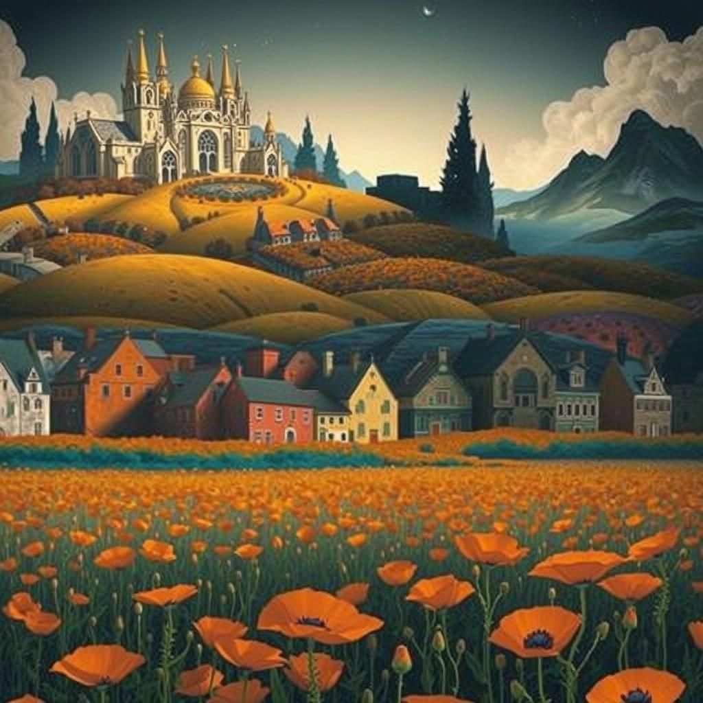 Surreal Poppy Field with Gothic Buildings