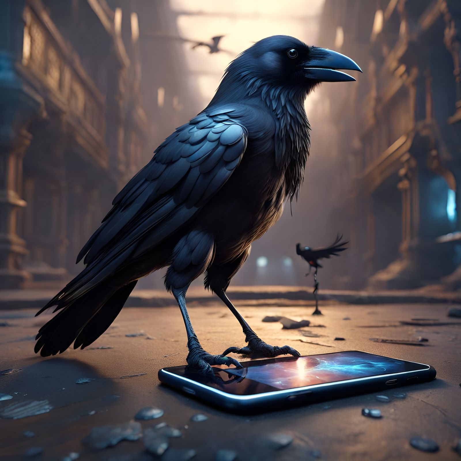 Two-Legged Crow Holding Smartphone: Detailed Fantasy Art