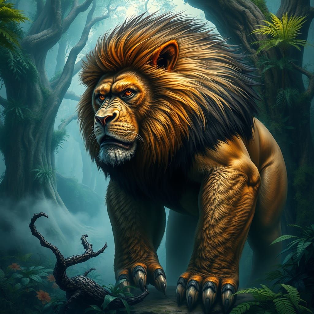 Majestic Lion-Gorilla Hybrid in Frazetta-Inspired Jungle