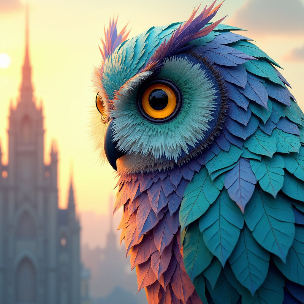 Iridescent Origami Owl Portrait in 8K