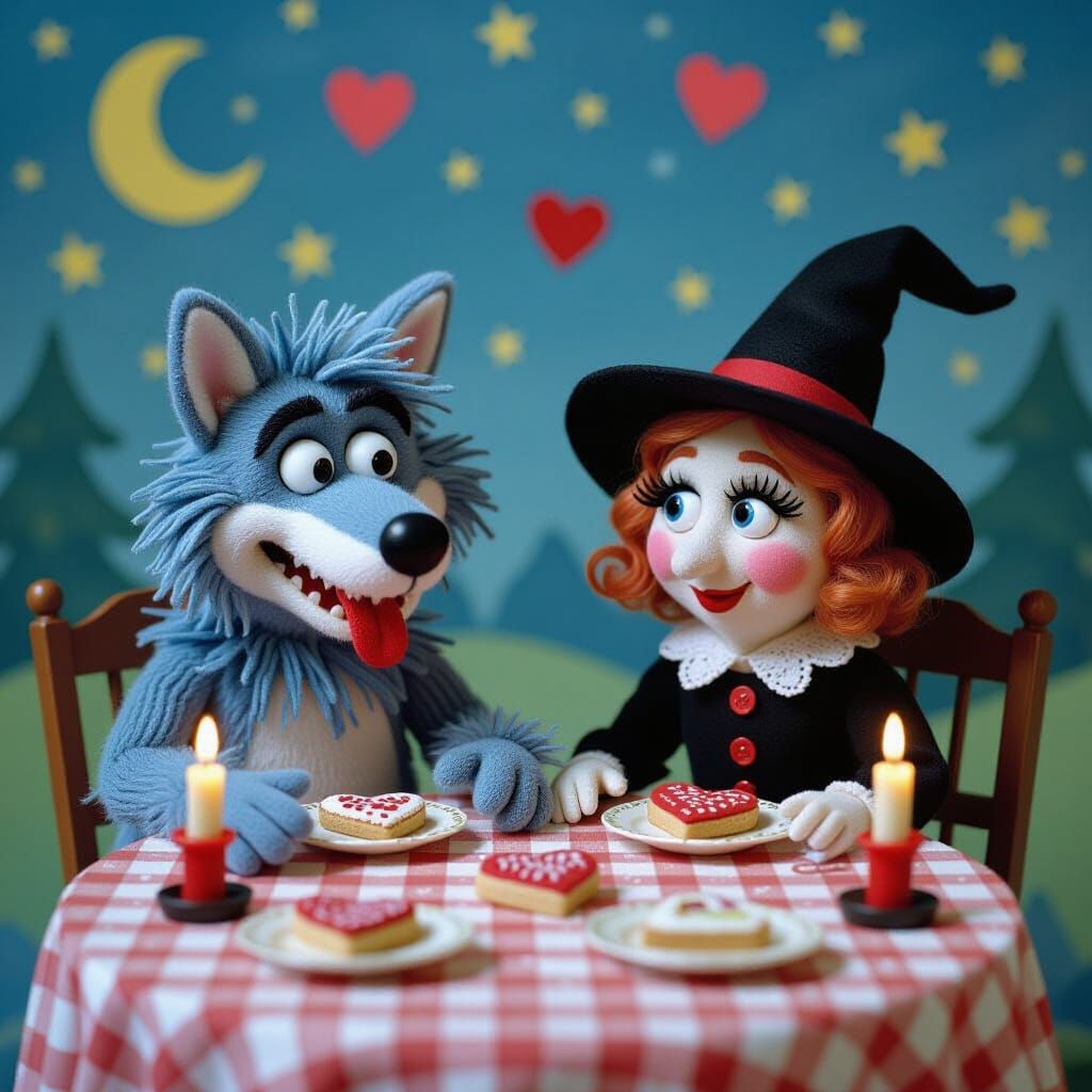 Sock Puppets Werewolf and Witch at Dinner Table