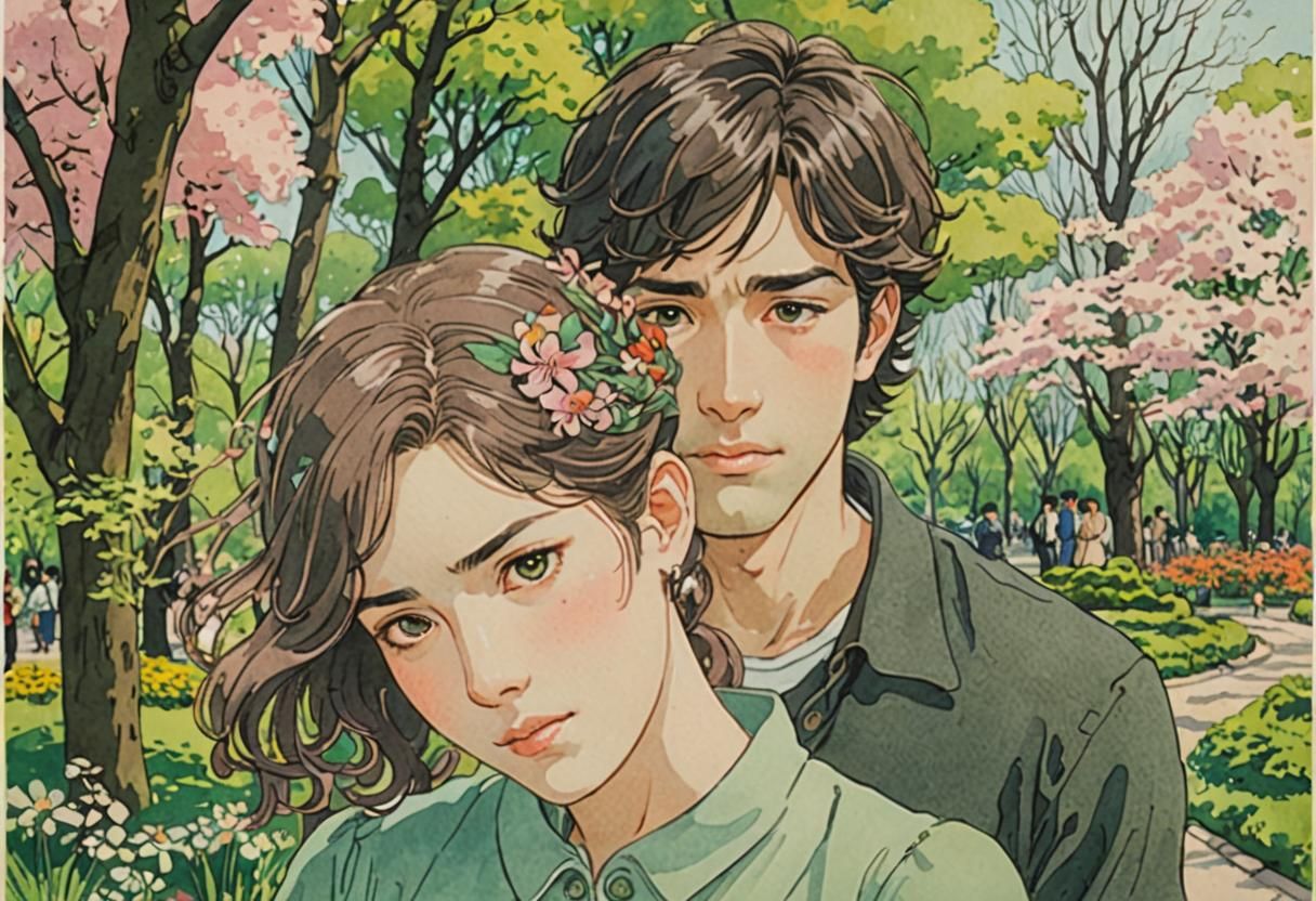 Serene Spring Day: Art Nouveau Gouache Drawing