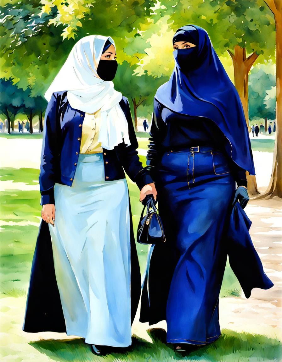 Watercolor Portrait of Niqabi Teachers in Park