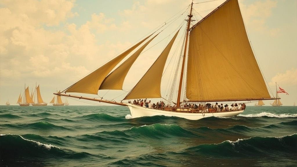 Victorian Sailboat on Misty Sea, Courbet-Inspired