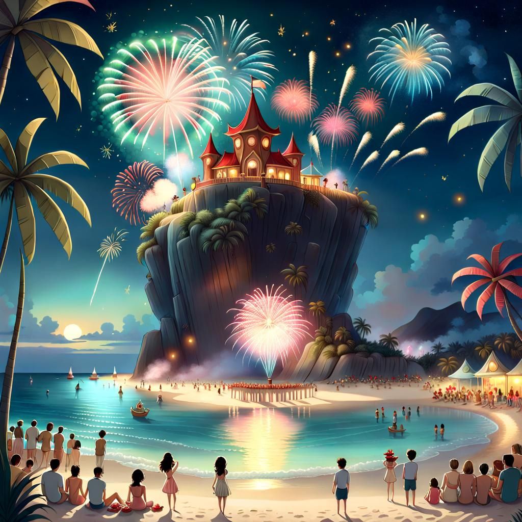 Tropical Beach Fireworks in Watercolor Style
