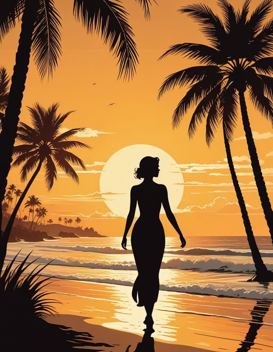 Art Deco Figure on Beach at Sunset