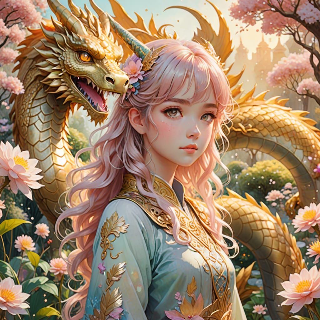 Kawaii Anime Girl with Golden Dragon in Watercolor
