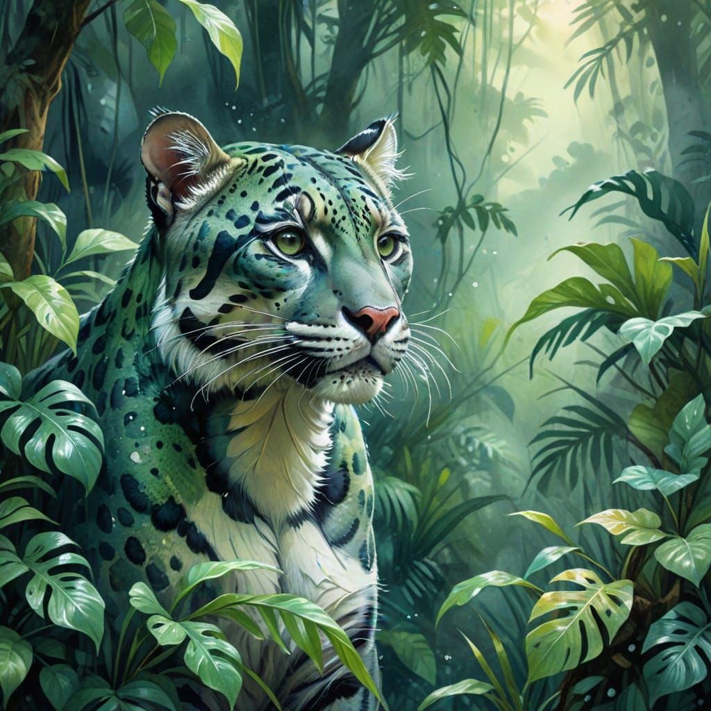 Clouded Leopard in Misty Rainforest Watercolor