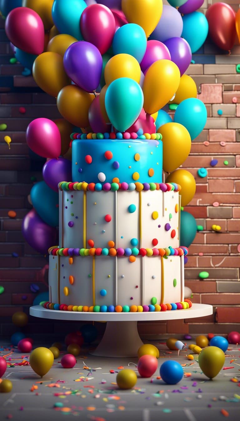 Happy Birthday Cake with Balloons in 3D Style