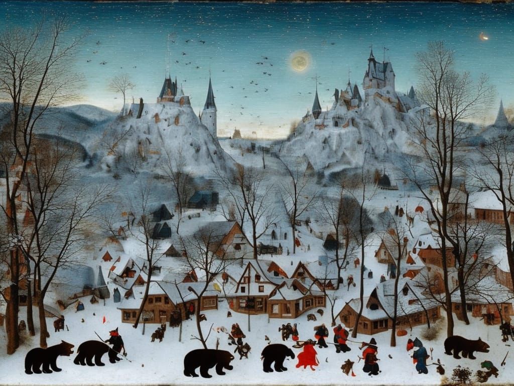 Krampuslauf in Snowy Village, Northern Renaissance Style