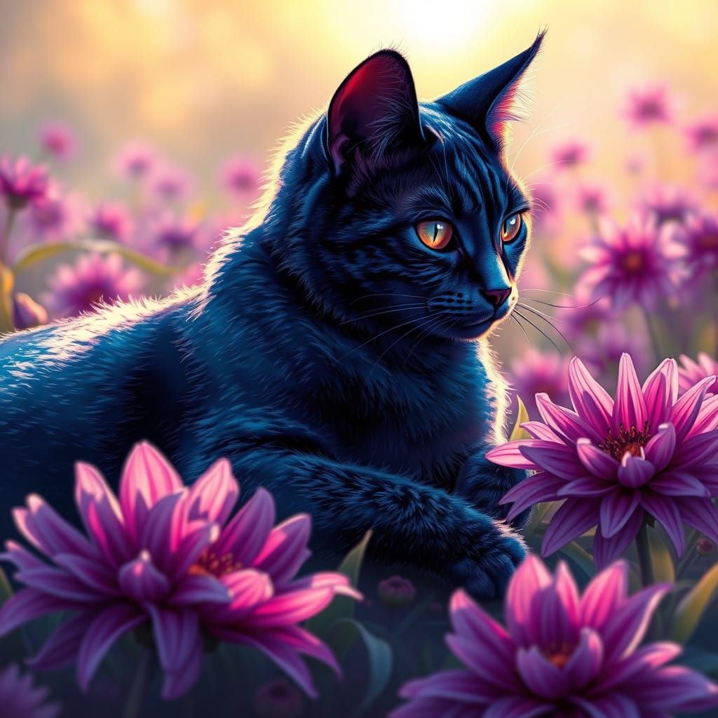 Dreamy Whimsical Cat in a Field of Amethyst Dahlias
