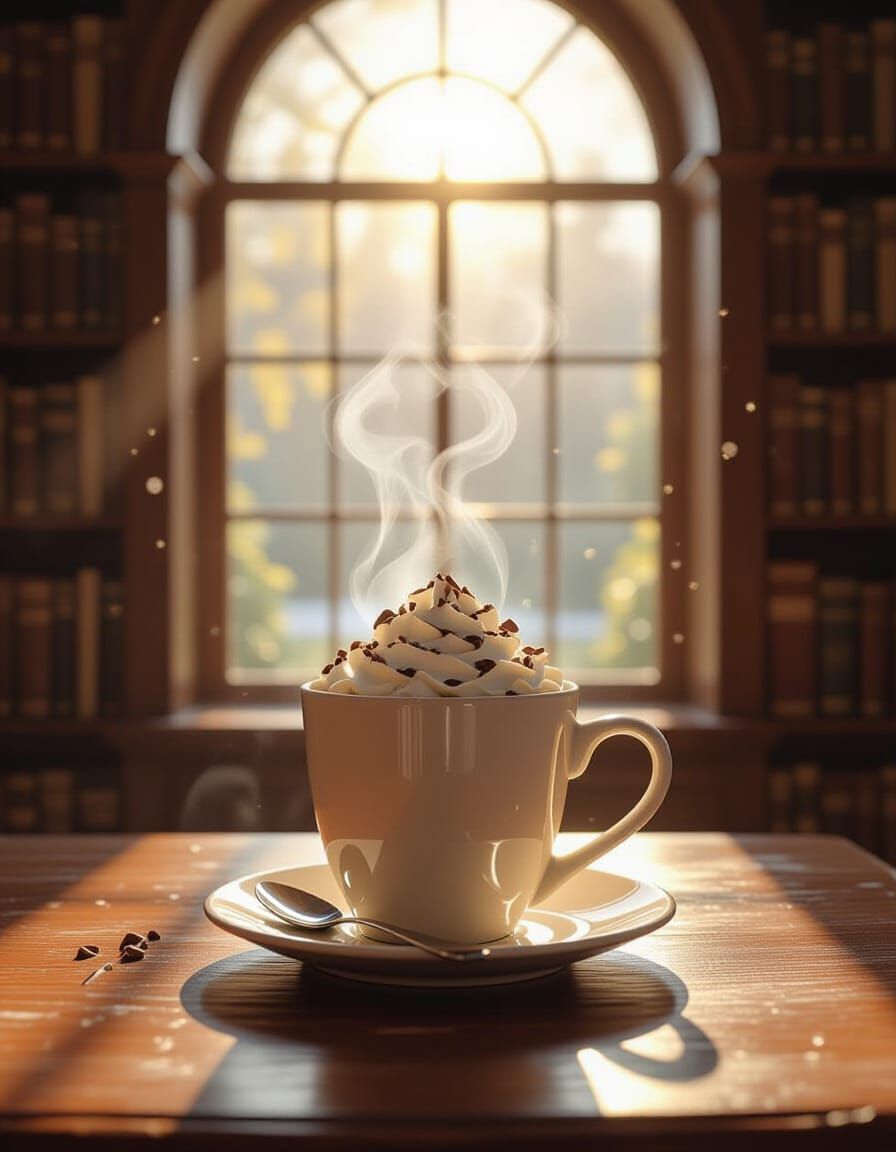 Cozy Hot Chocolate in Library, Sunlight & Dust Motes