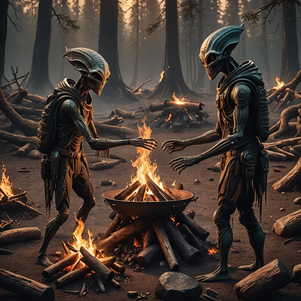 Aliens Warming Hands at Campfire, Detailed Matte Painting