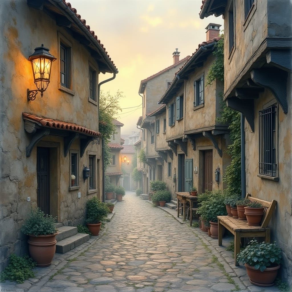 Cobblestone Village Street at Dawn in Watercolor Style