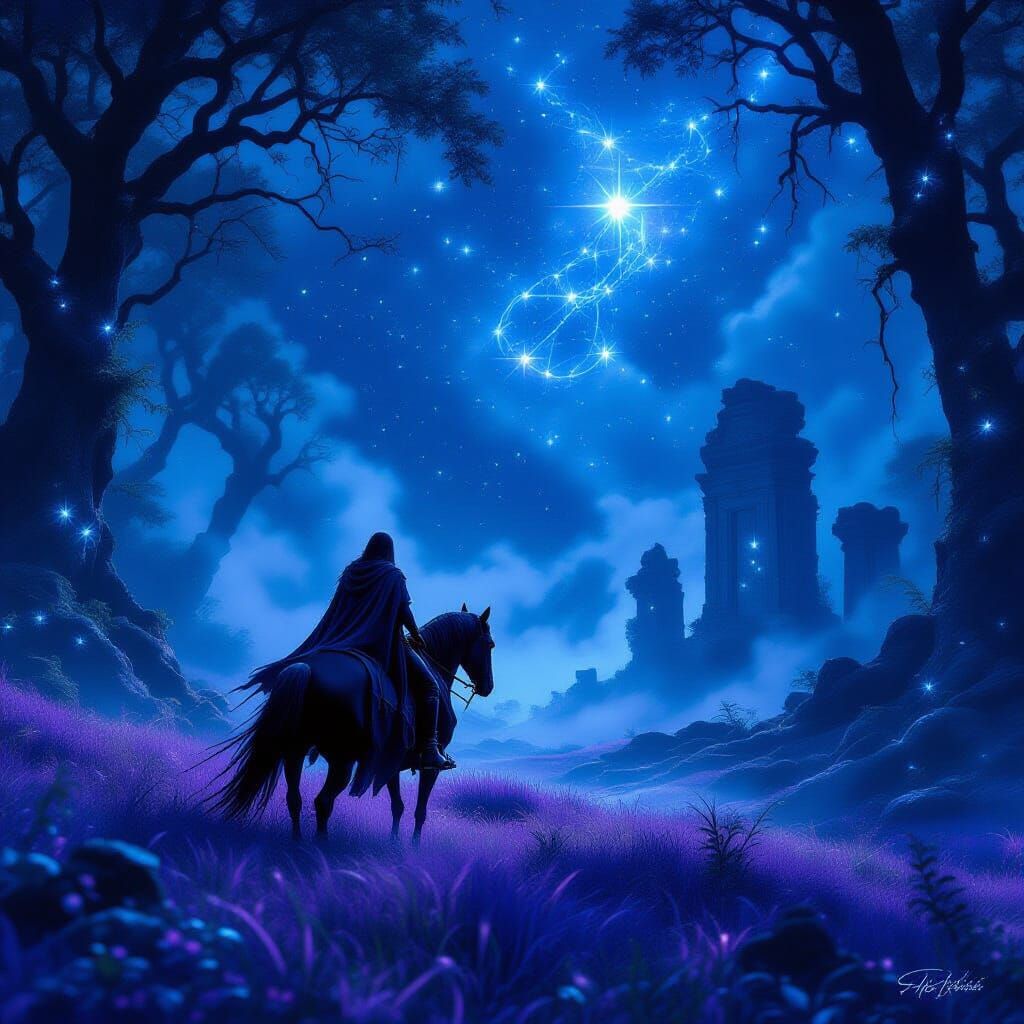 Ethereal Forest Rider in Starlight Fantasy Landscape