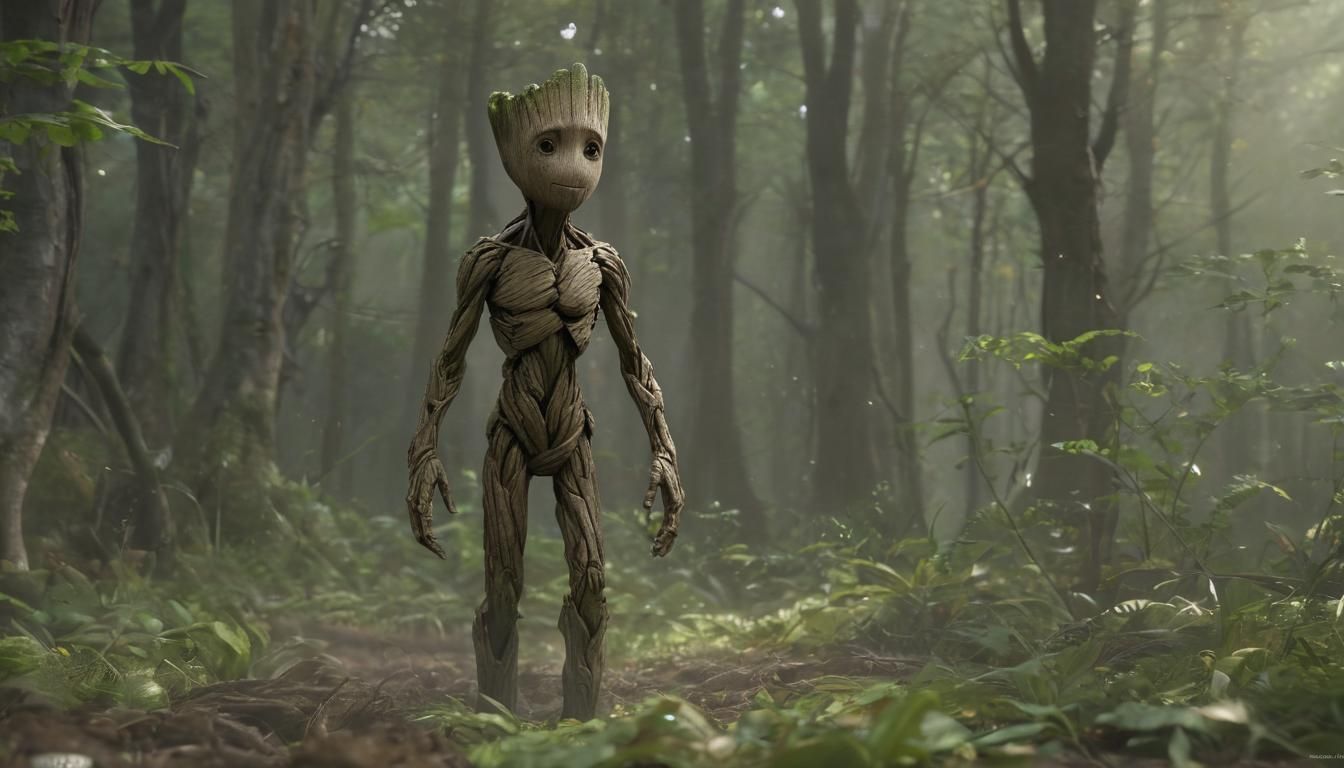 Groot Amidst a Dark and Mysterious Forest of Glowing Beetles