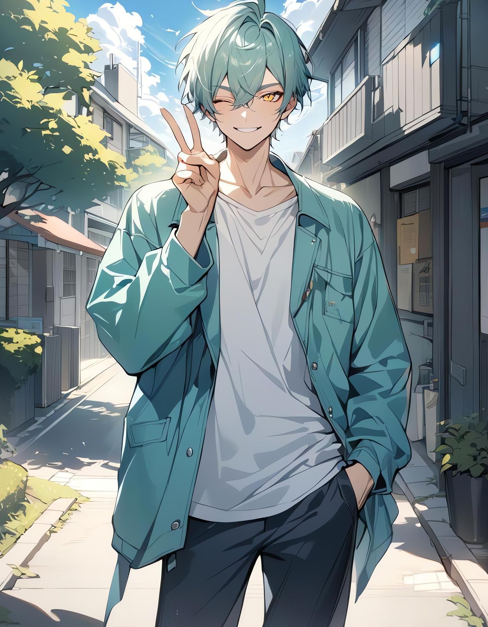 Aqua-Haired Bishounen on Suburban Street