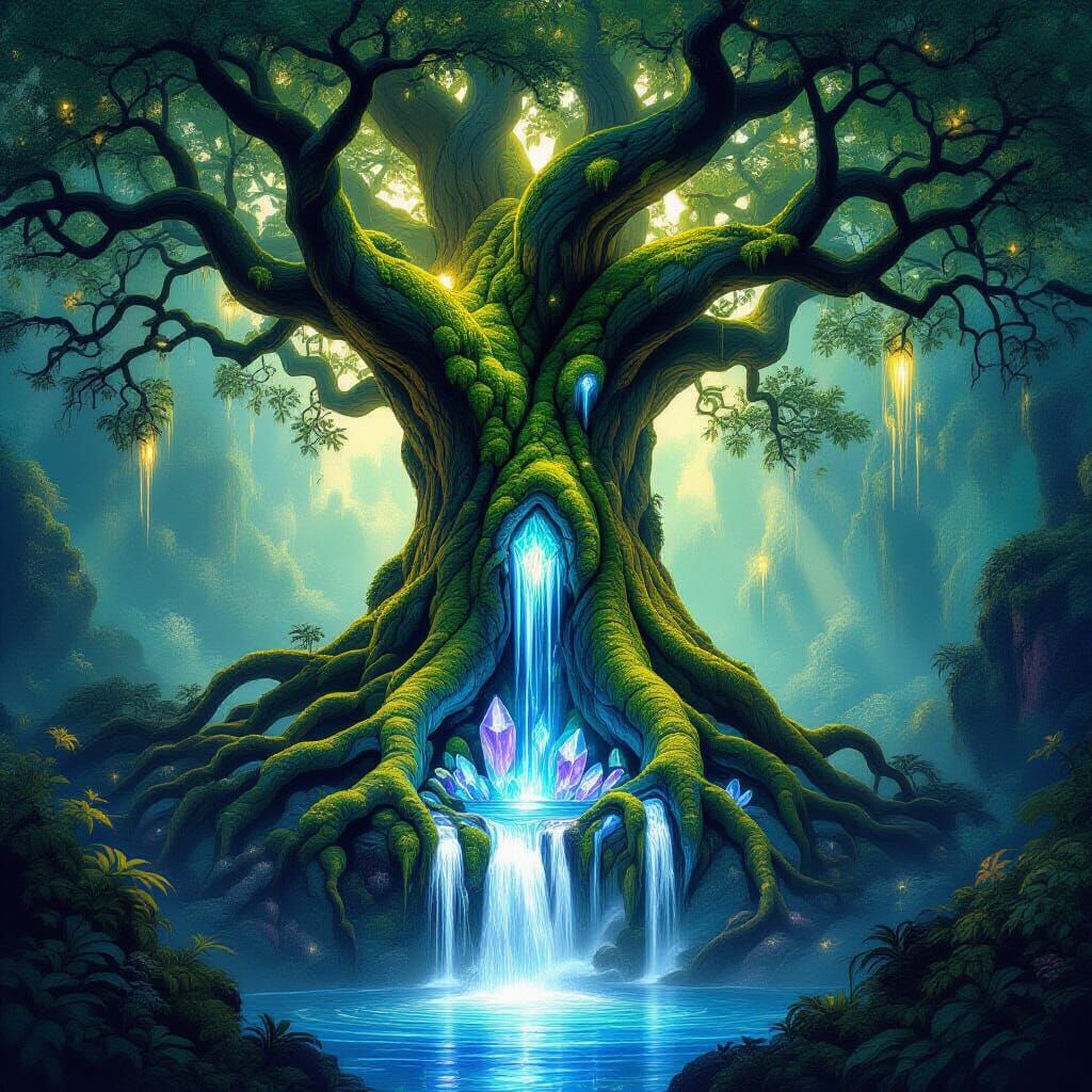 Ancient Tree with Luminous Moss and Crystal Roots in Cavern