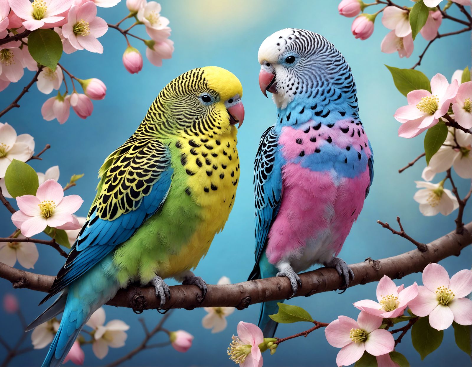 Colorful Budgies Cuddling on Dogwood Branch