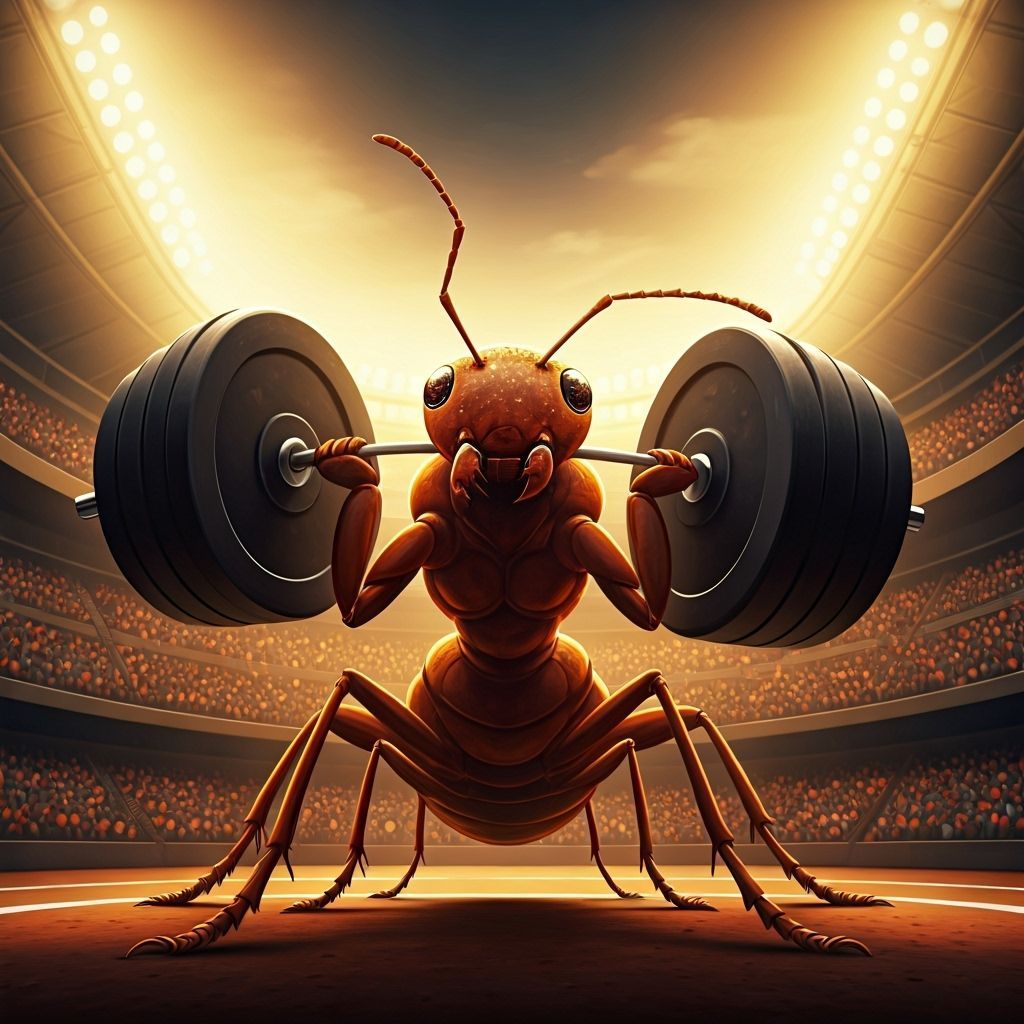 Ant Lifts Huge Weights in Vibrant Comic Book Style