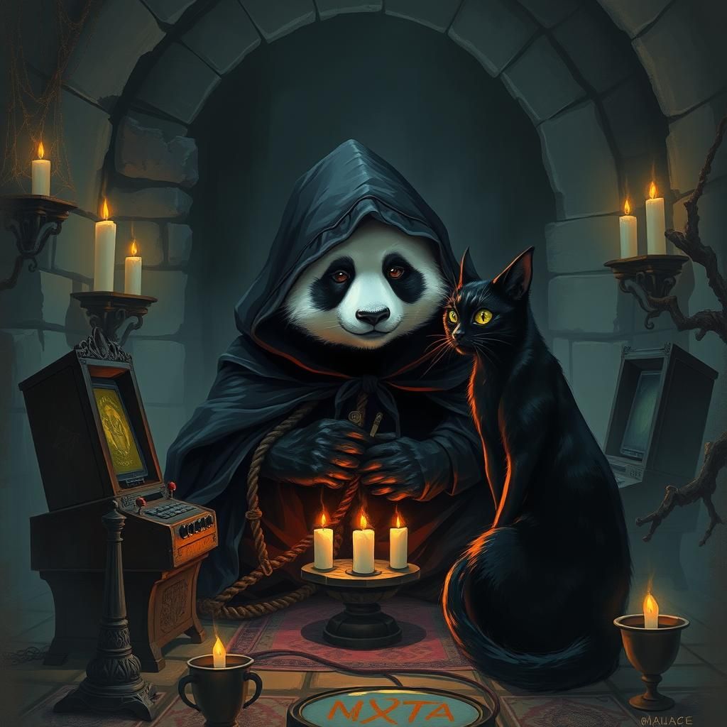 Gothic Panda and Witchy Cat Gaming in Dark Chamber