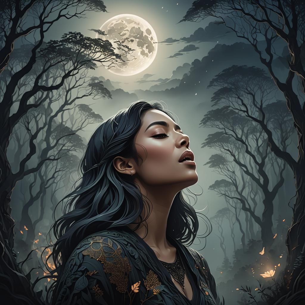 Mournful Song in Misty Forest, Hyperrealistic Art