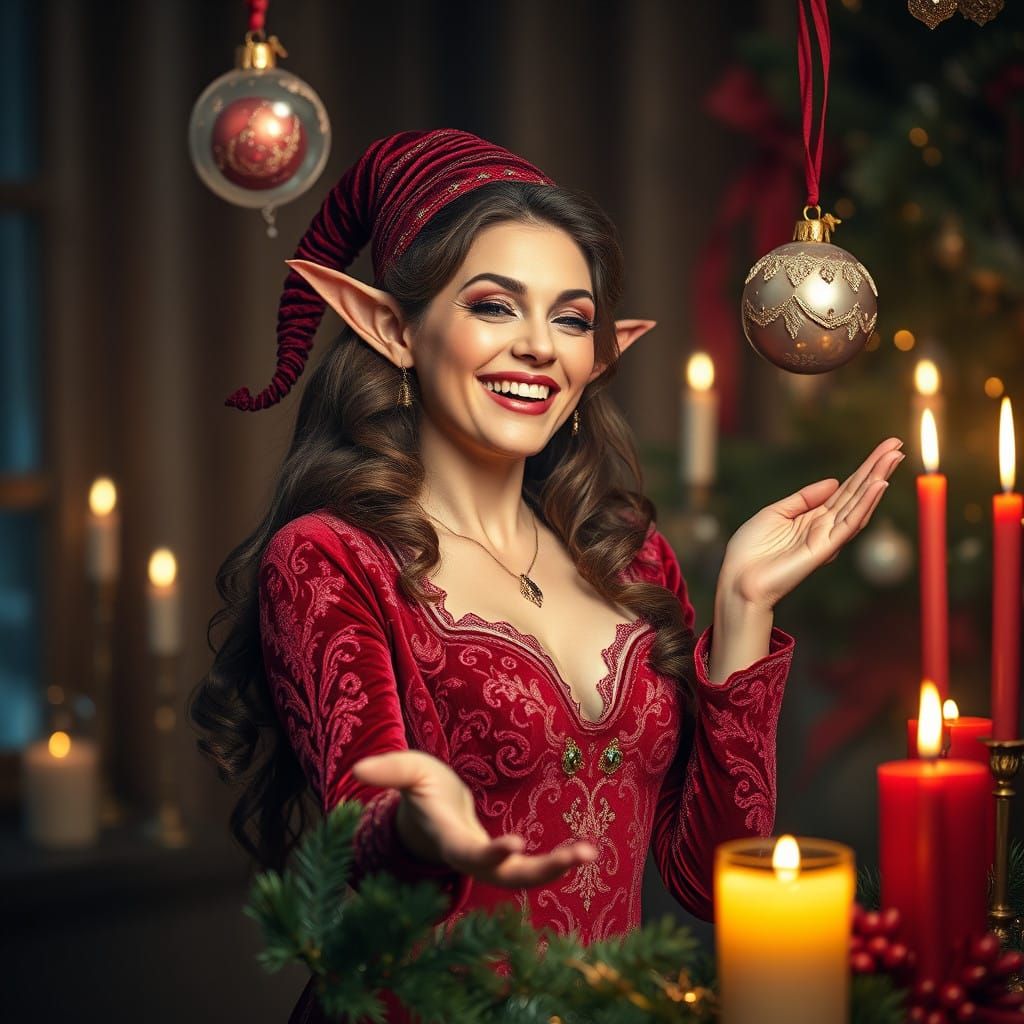 Surreal Christmas Night Scene with Juggling Elf Woman in Vel...