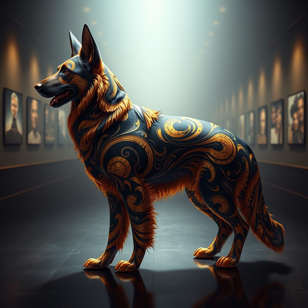 Swirling Gold German Shepherd Illusion in Modern Art Gallery