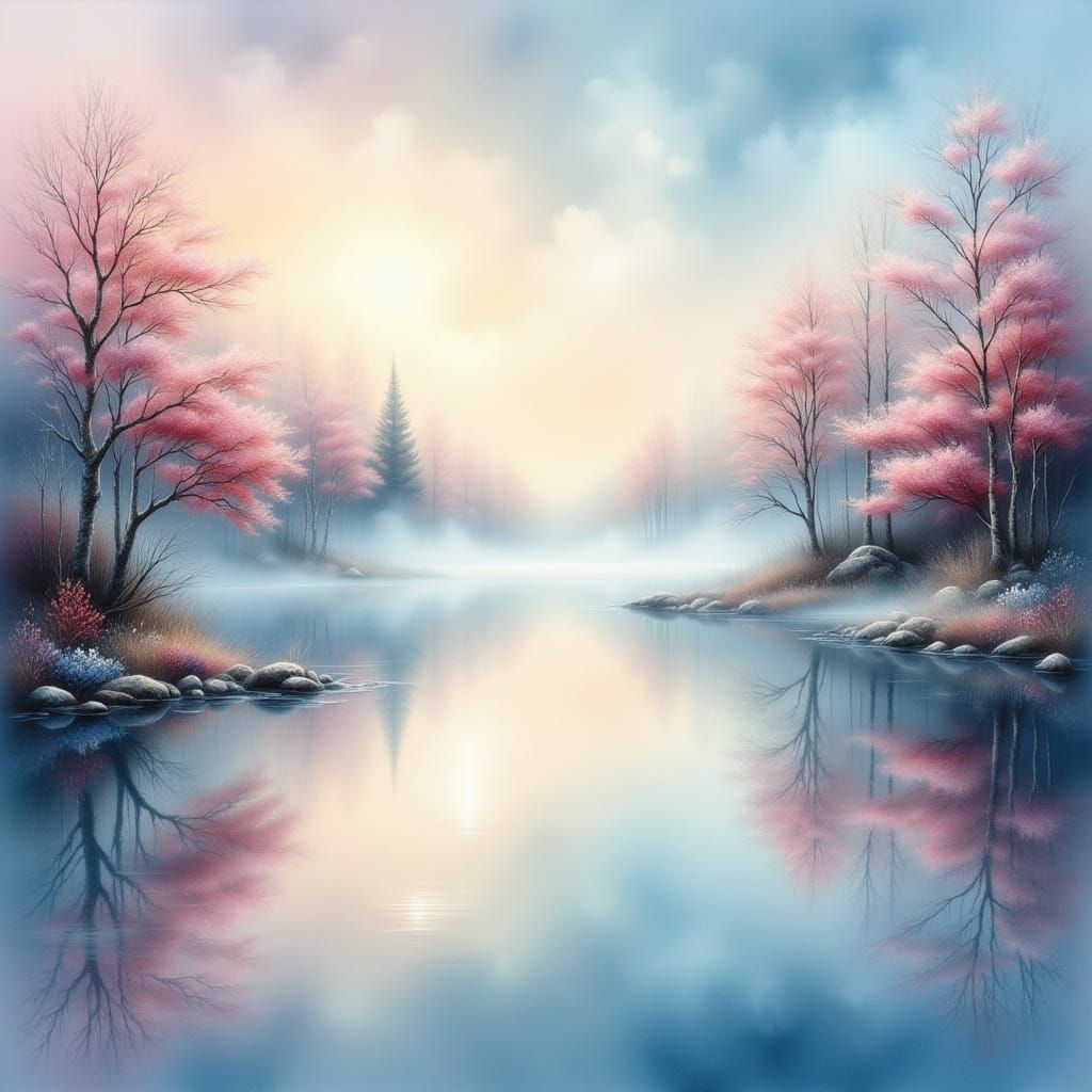Ethereal Mist Reflects Tranquil Lake in Impressionistic Styl...