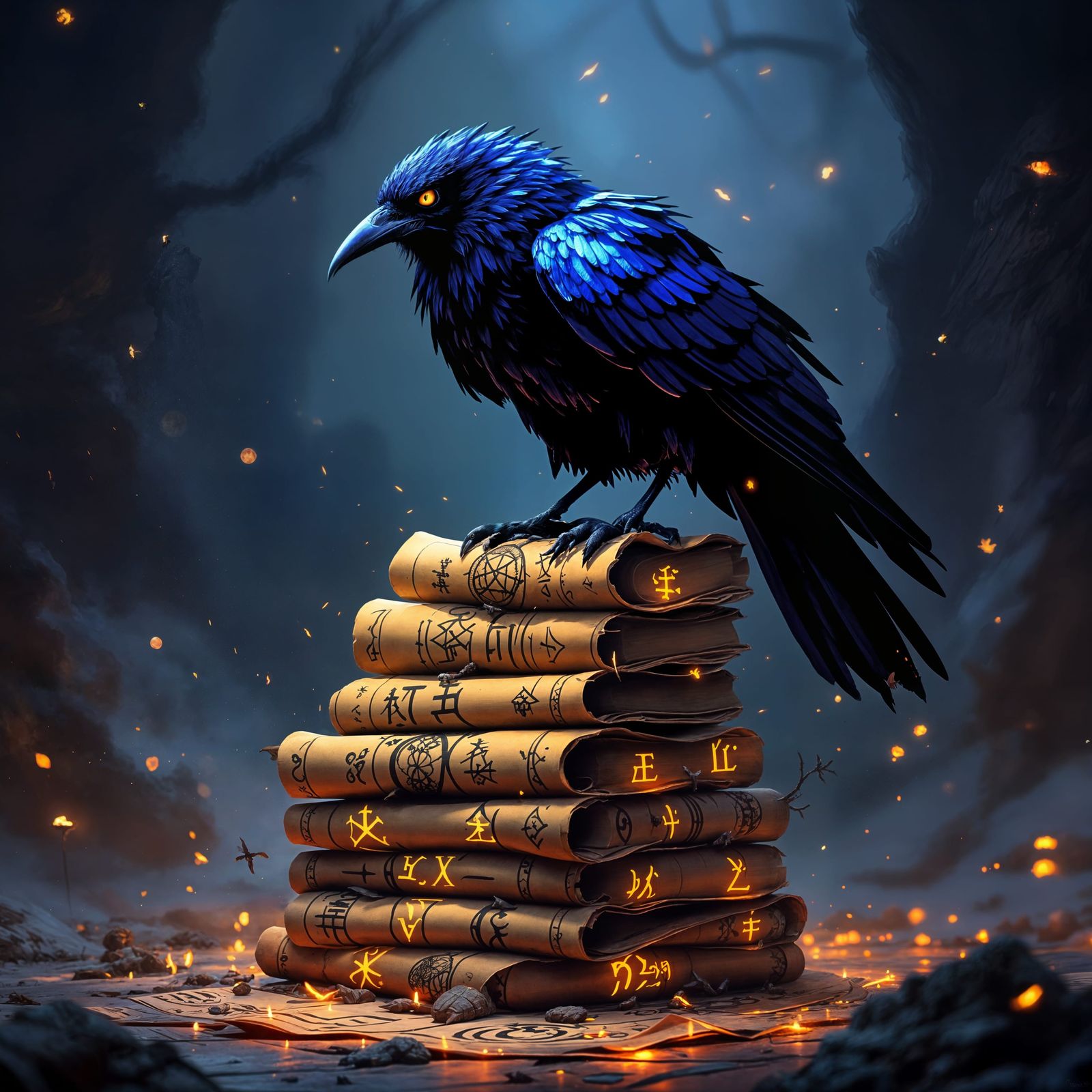 Crow on Arcane Scrolls: Hyperdetailed Anime Art