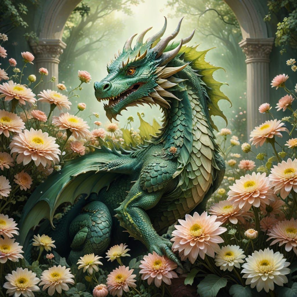 Whimsical Fantasy Green Dragon with Chrysanthemums