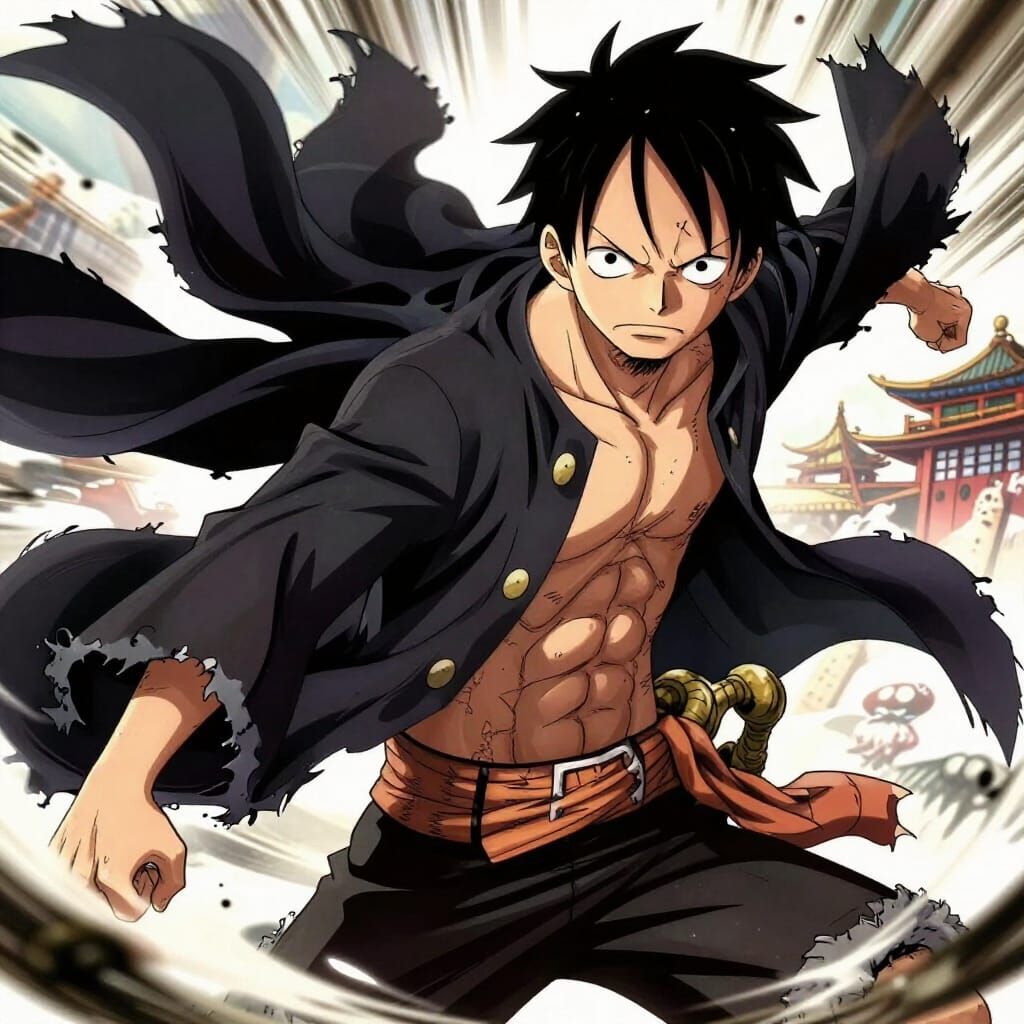 Luffy in Wano Attire with Tattered Cape