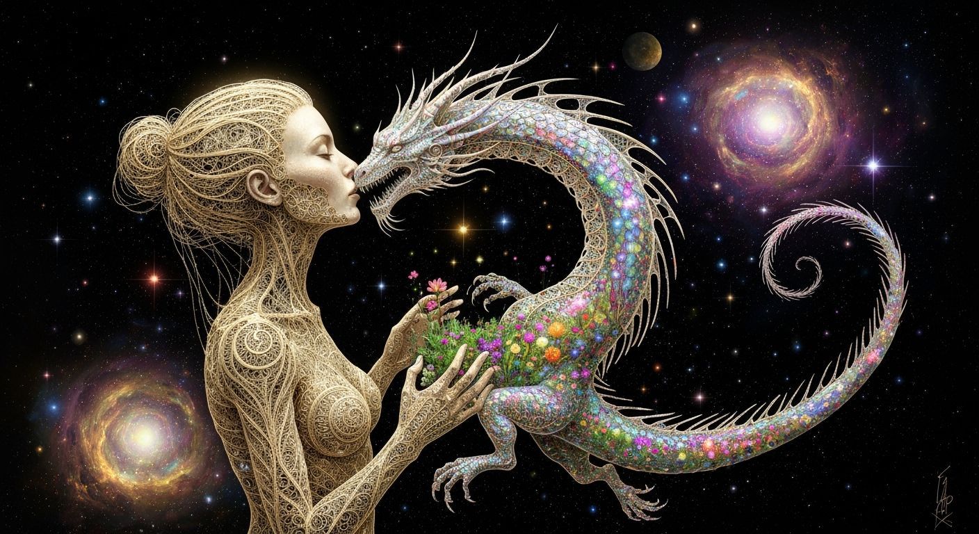 Filigree Woman Embraces Surreal Garden in Klimt-Inspired Art