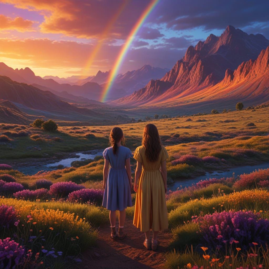 Girl in Vibrant Rainbow Landscape