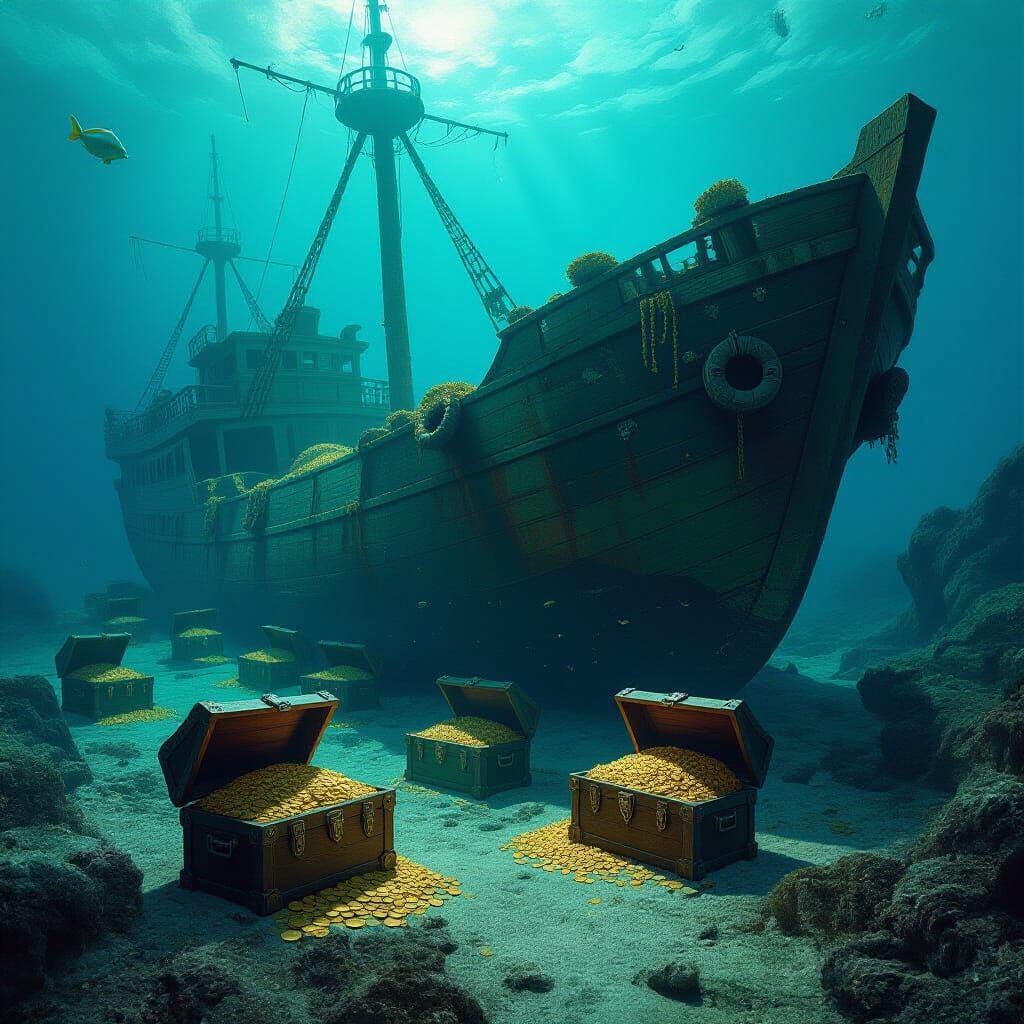 Sunken Shipwreck Treasure: Hyperrealistic Underwater Scene