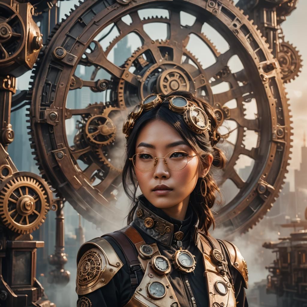 Steampunk Girl Portrait in Futuristic Cityscape