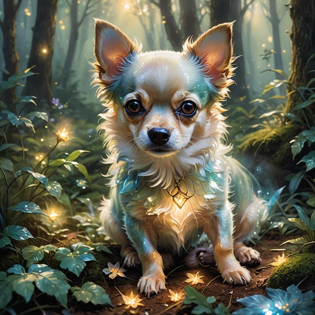 Glass Chihuahua in Forest, Ethereal Fantasy Art