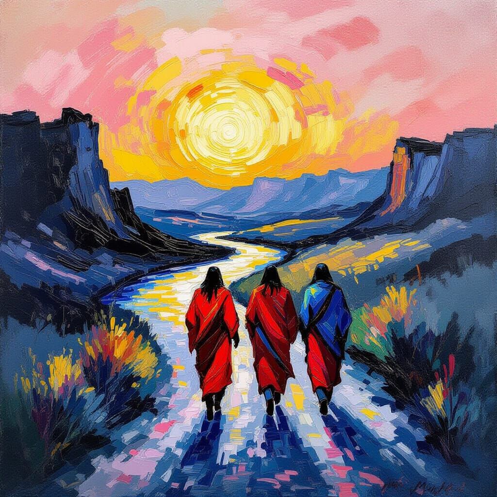 Shamans in Desert Landscape Under Pink and Gold Sky